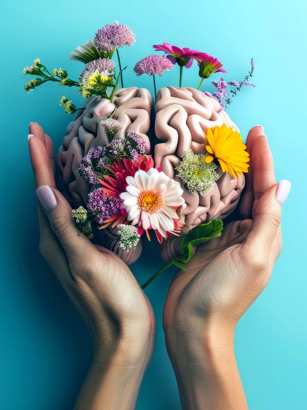 Hands holding paper head, human brain with flowers, self care and mental health concept, positive thinking, creative mind, generative AI used for brain hyper realistic --ar 16:9 Job ID: 0ca353ce-ee81-4ae2-82b0-8d9e1ab8d372